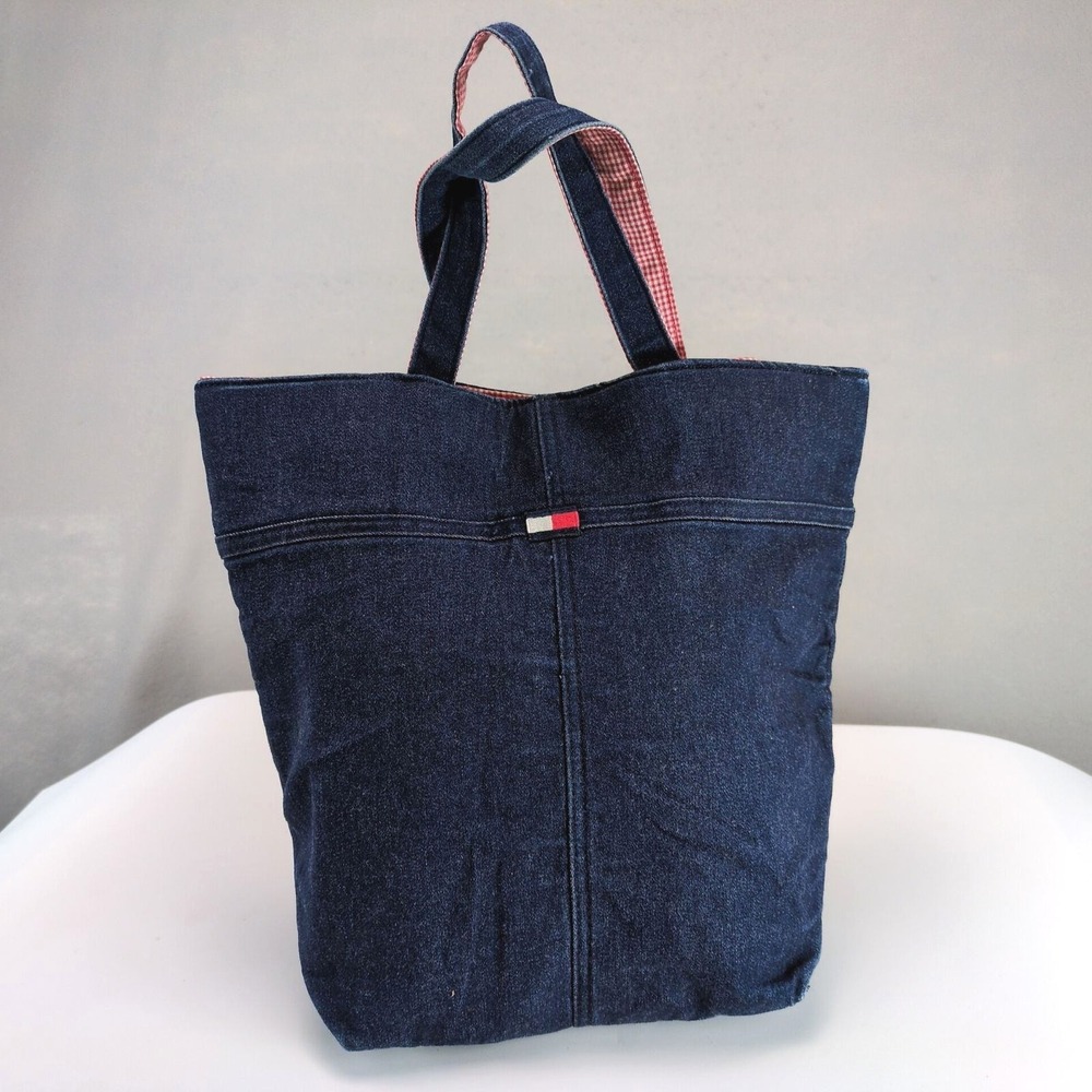 Vintage Y2K Tommy Hilfiger Dark Denim Tote Bag‎ Red Gingham Cotton Lined Purse